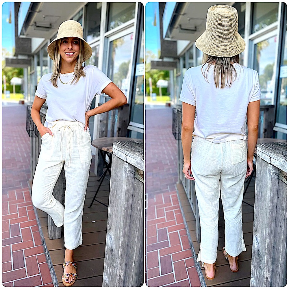 NEW MONROW S XS Gauze Pants Cotton Ankle Buttercream Ivory High Waisted Cream